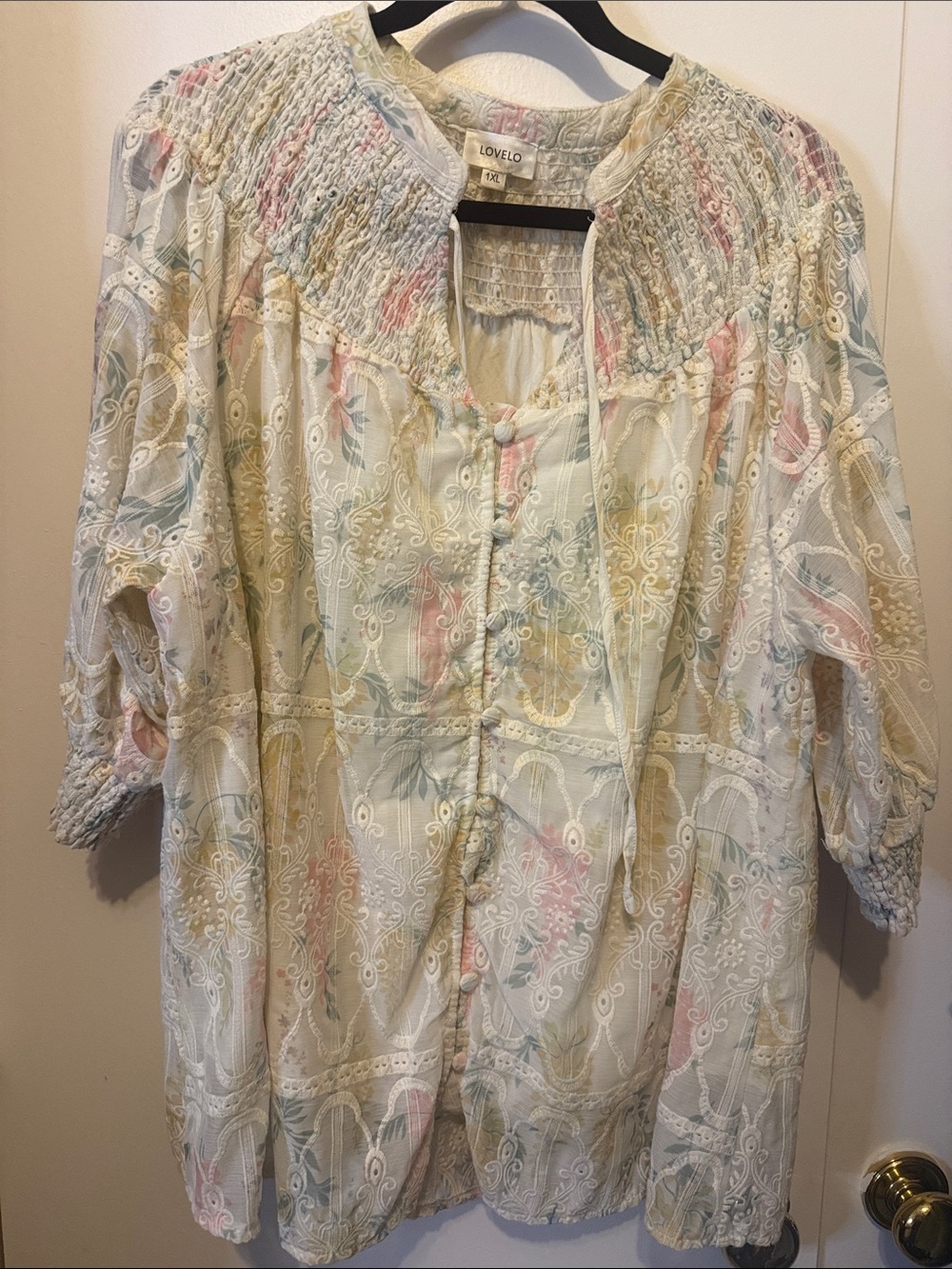 Love Pastel Floral Smocked Button-Front Blouse in Cream